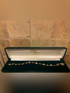 VINTAGE Italian 14K Gold Puffy Heart Charm Clear Gem Oval Link Chain Bracelet